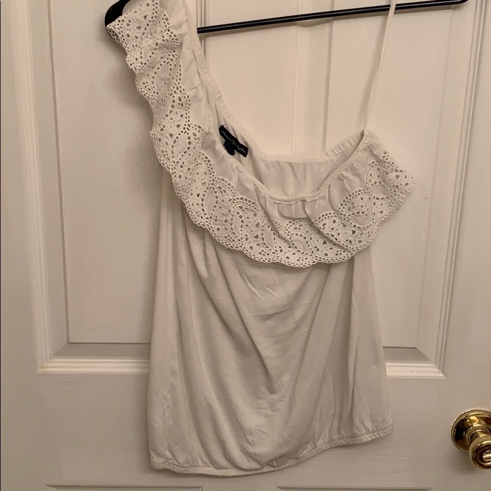 One shoulder white lace tank top